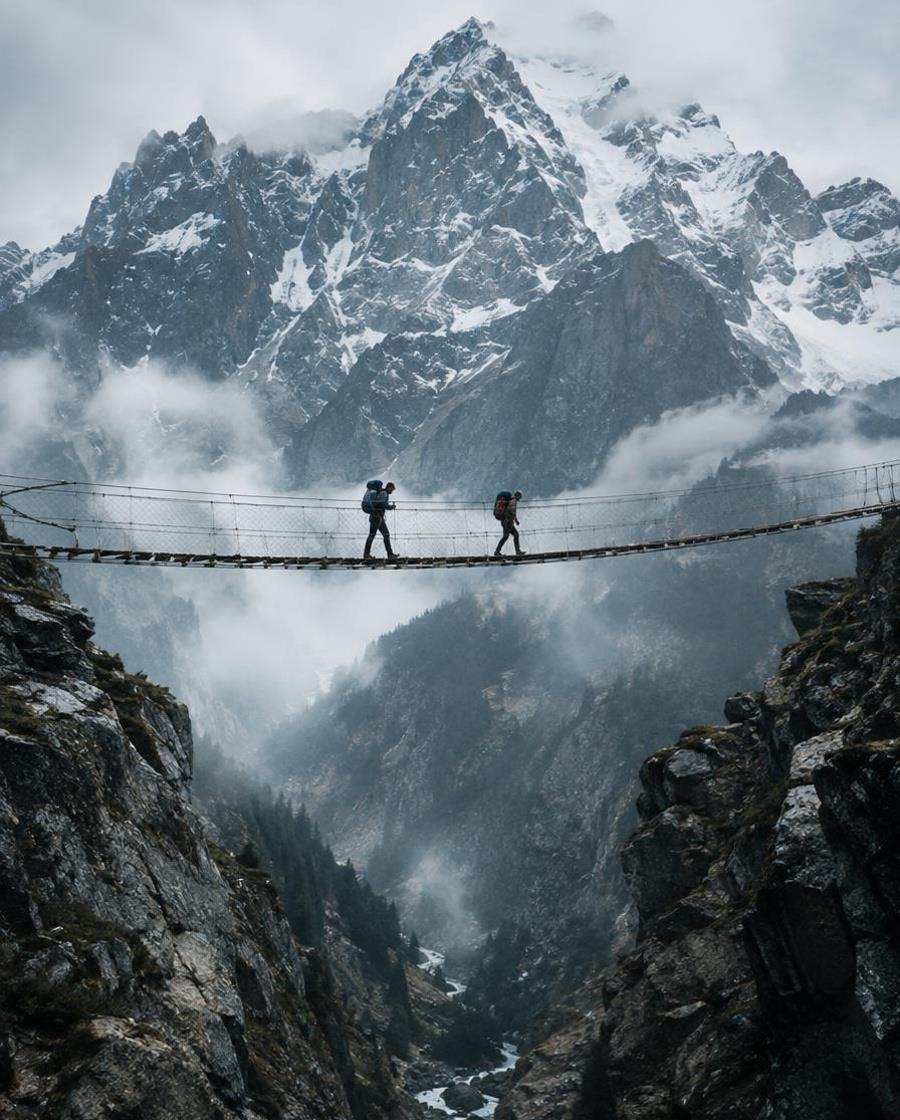 Two hikers crossing a narrow suspension bridge above a misty gorge