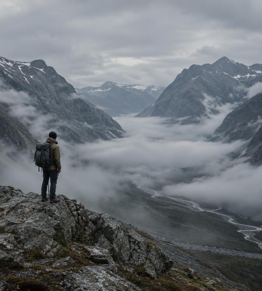 Hiker overlooking a vast mountain valley