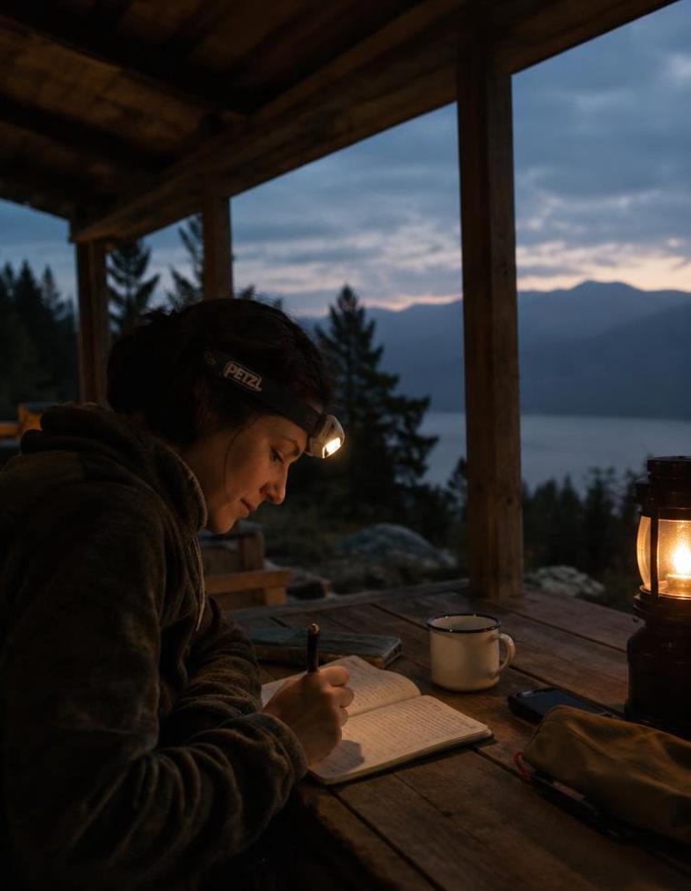 Writing field notes at camp