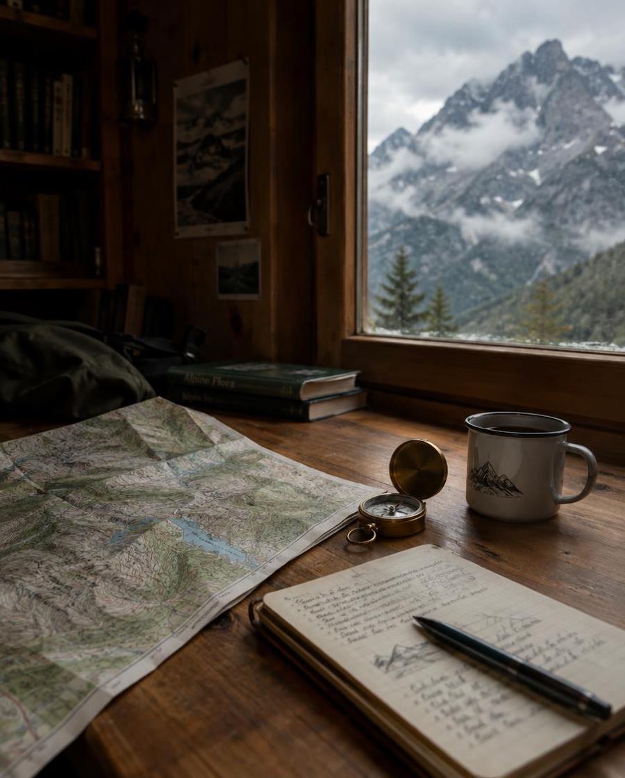 Editorial field desk — 2US Outdoor contact A field desk with a topographic map, notebook and compass beside a window
